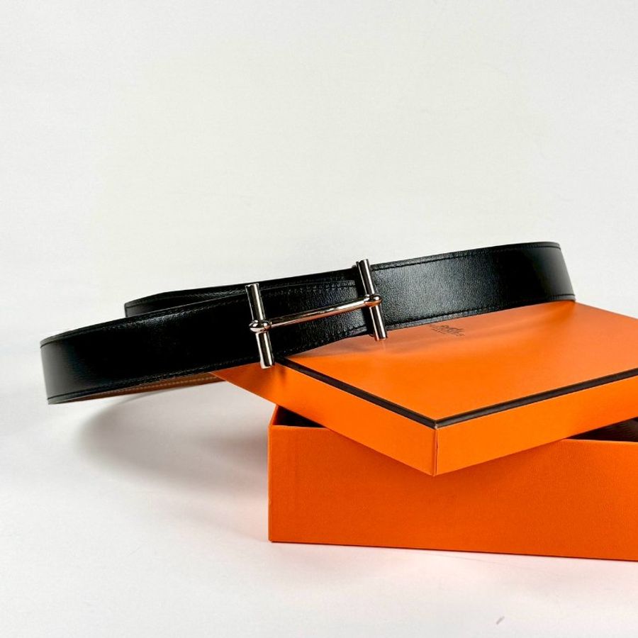 HERMES 銀色H扣 黑色 棕色 雙面 雙色 3.2CM 腰帶 牛皮 皮帶 80CM-4