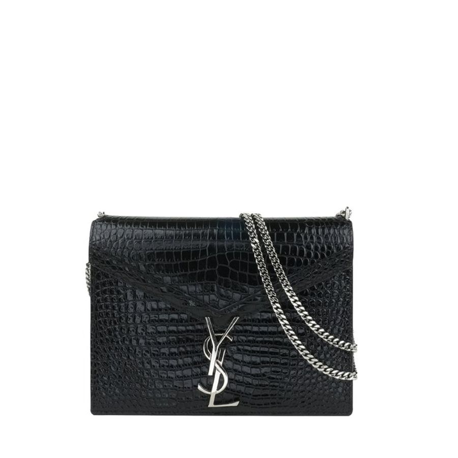 🖤 鑒定師的收藏 🖤 Saint Laurent YSL Cassandra 黑色鱷魚壓紋信封式鏈帶包｜亮面牛皮鏈袋肩背手拿包｜YSL 經典信封包｜冷冽黑銀、法式俐落美學-6