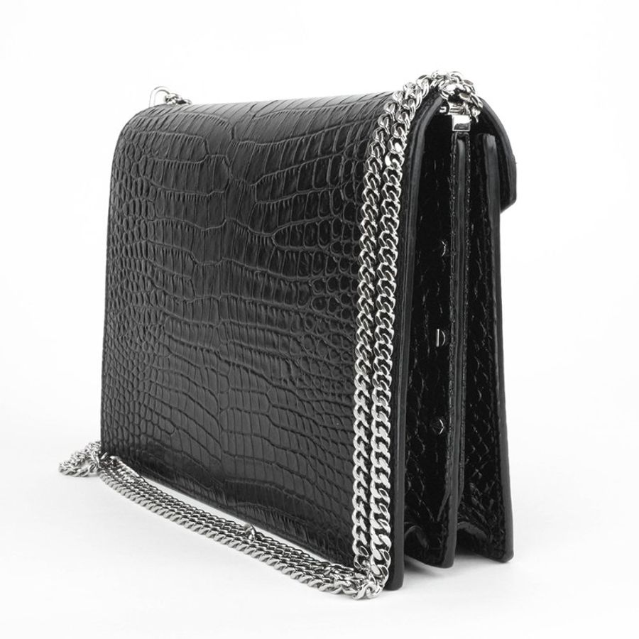 🖤 鑒定師的收藏 🖤 Saint Laurent YSL Cassandra 黑色鱷魚壓紋信封式鏈帶包｜亮面牛皮鏈袋肩背手拿包｜YSL 經典信封包｜冷冽黑銀、法式俐落美學-10