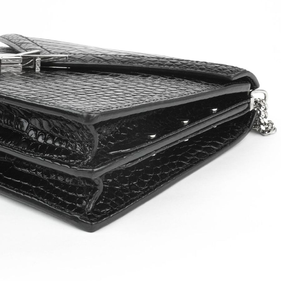 🖤 鑒定師的收藏 🖤 Saint Laurent YSL Cassandra 黑色鱷魚壓紋信封式鏈帶包｜亮面牛皮鏈袋肩背手拿包｜YSL 經典信封包｜冷冽黑銀、法式俐落美學-14