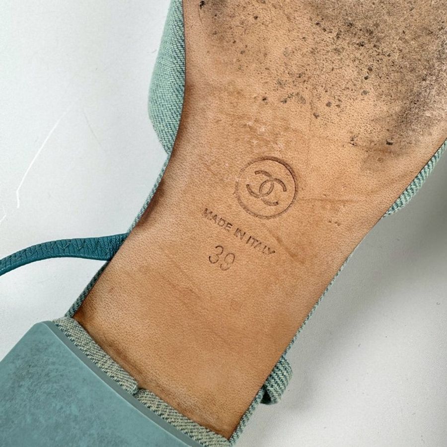 CHANEL 淡藍 單寧 牛仔 平底 包鞋 後繫帶 低跟鞋 39號-6