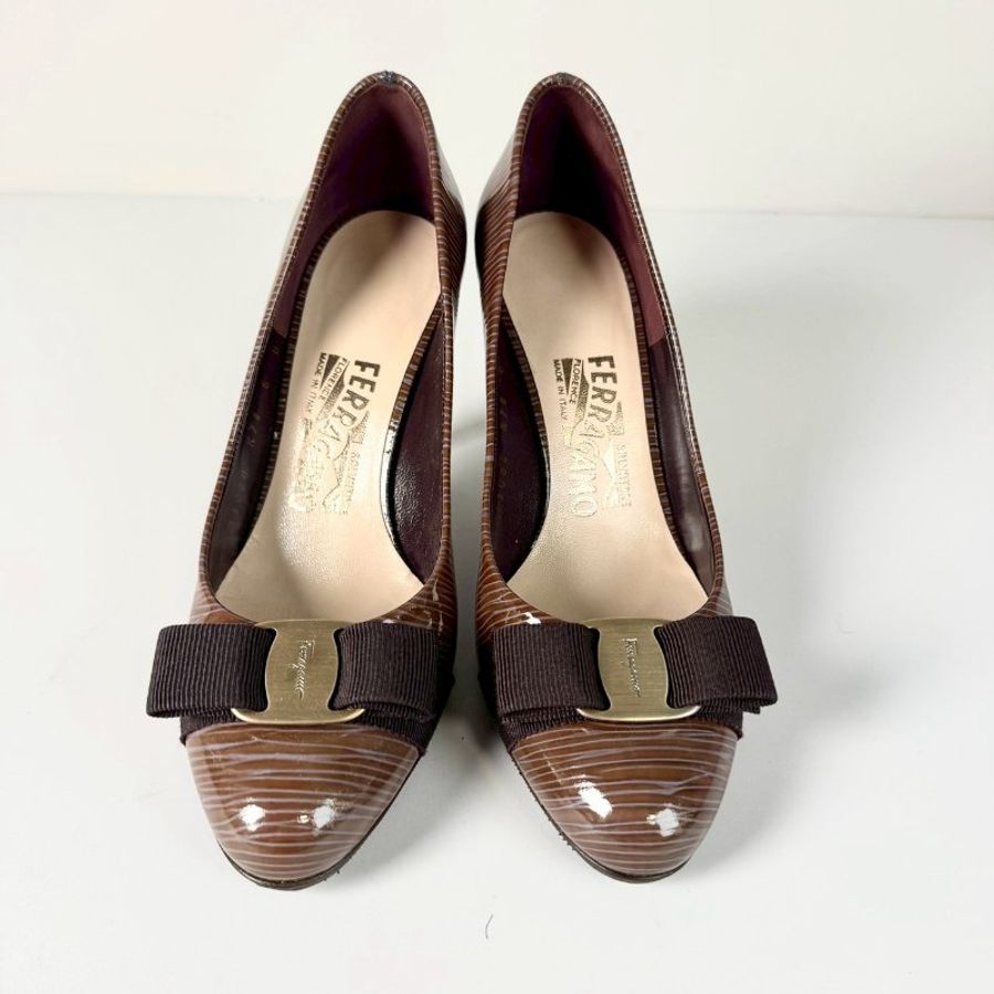 Ferragamo 棕色 淺紫色 拉絲紋 漆皮 咖啡色蝴蝶結 8CM高跟鞋 6號-3