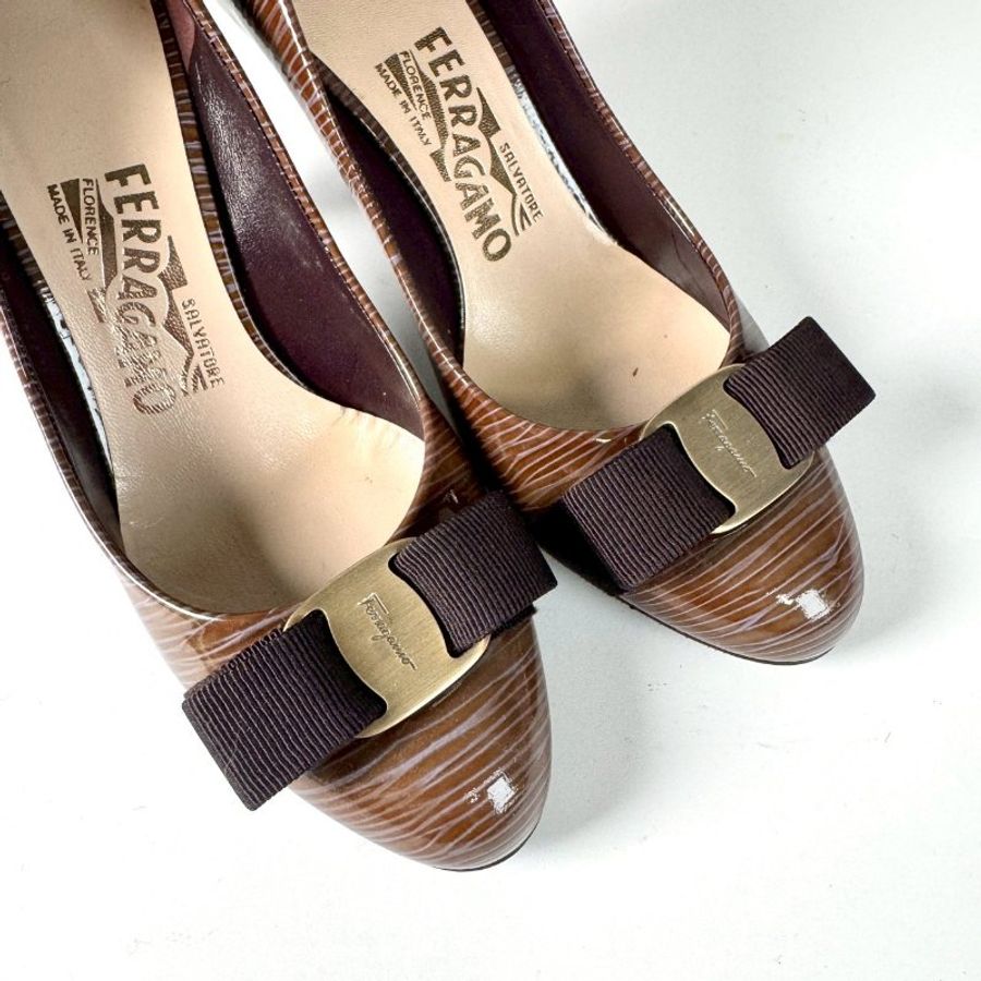 Ferragamo 棕色 淺紫色 拉絲紋 漆皮 咖啡色蝴蝶結 8CM高跟鞋 6號-5
