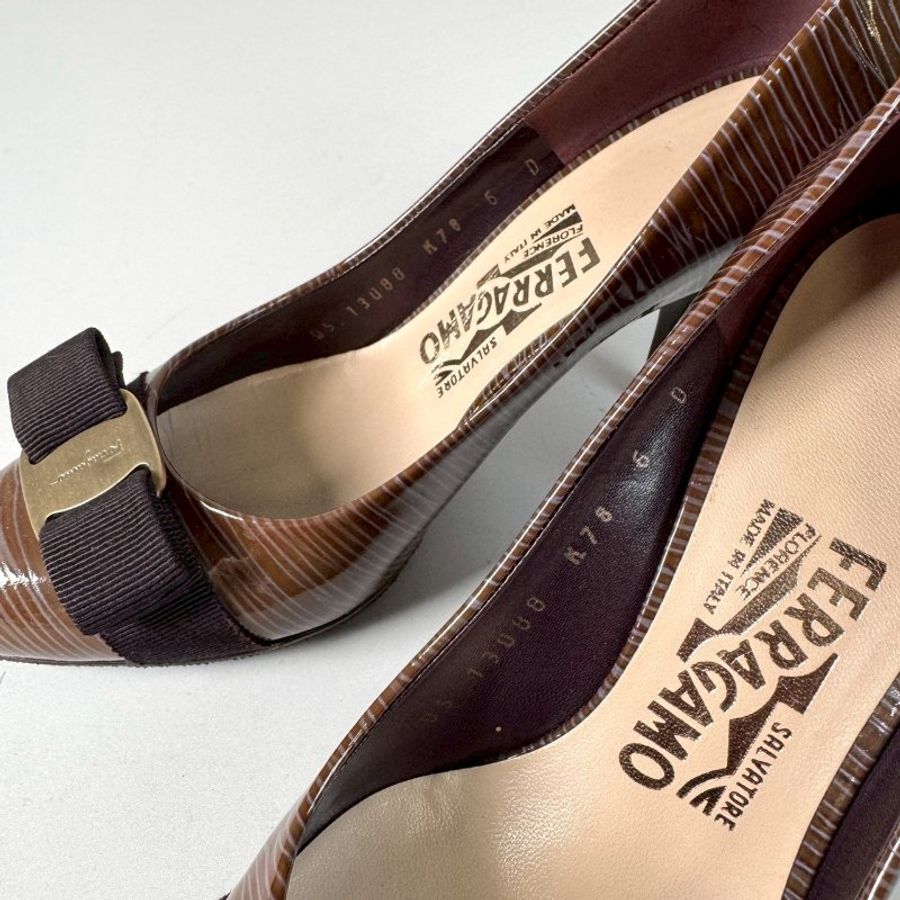 Ferragamo 棕色 淺紫色 拉絲紋 漆皮 咖啡色蝴蝶結 8CM高跟鞋 6號-6