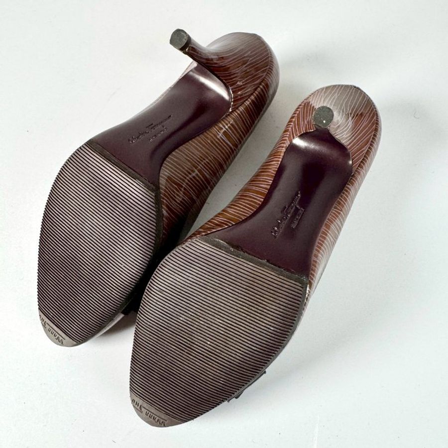 Ferragamo 棕色 淺紫色 拉絲紋 漆皮 咖啡色蝴蝶結 8CM高跟鞋 6號-8