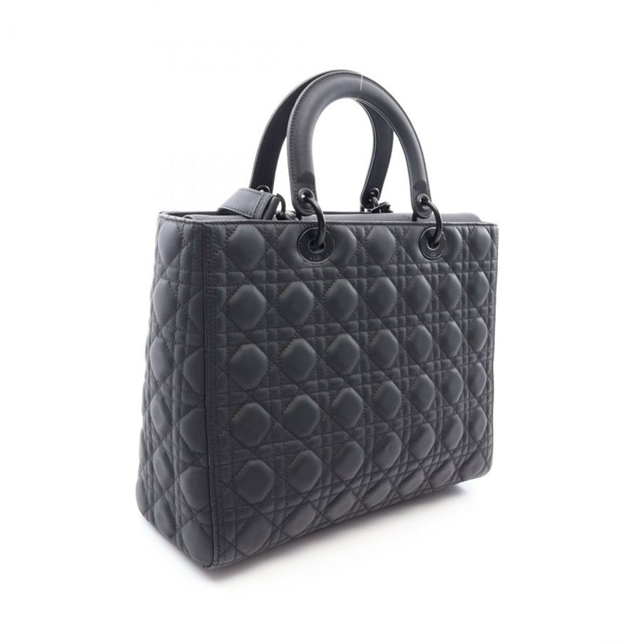 Dior Lady Christian Dior 大 Cannage Matte 兩用手提包 黑色二手女皮革-1