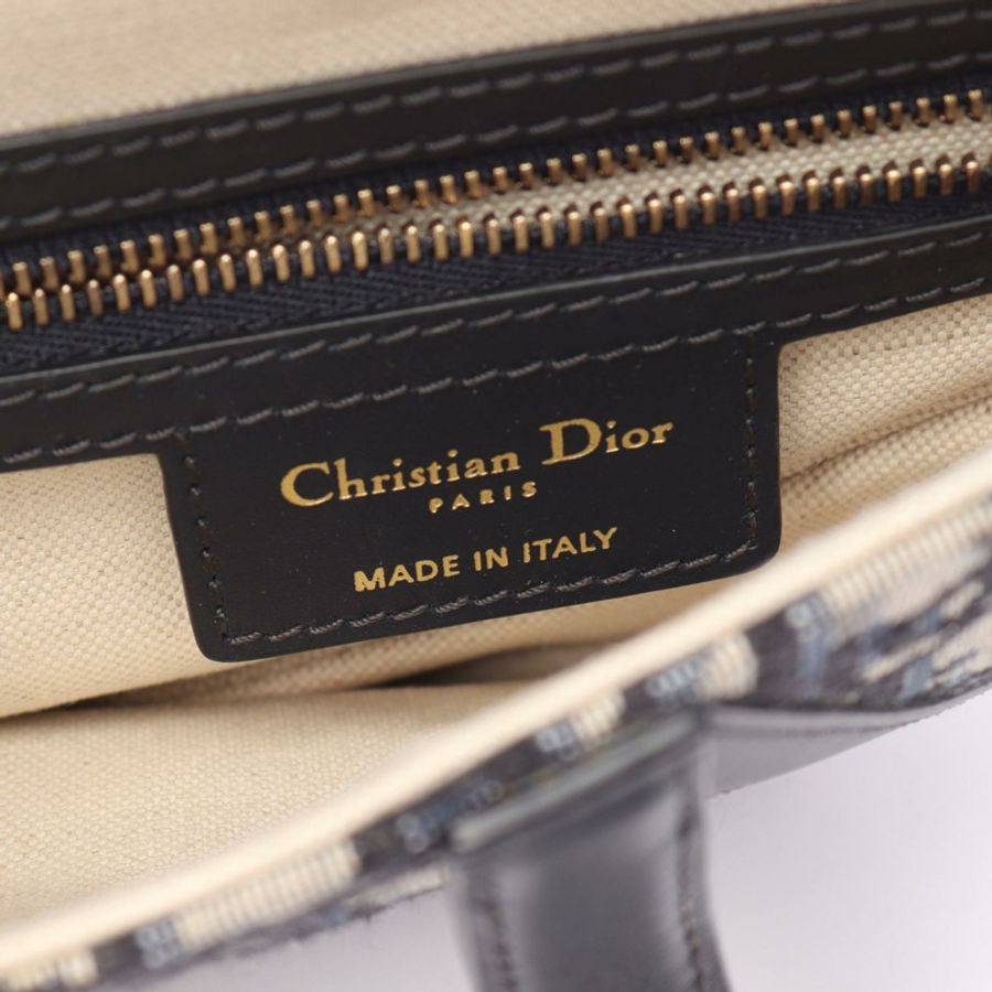 Christian Dior 馬鞍形斜紋提花肩帶手提包，皮革材質，米色/海軍藍，二手-3