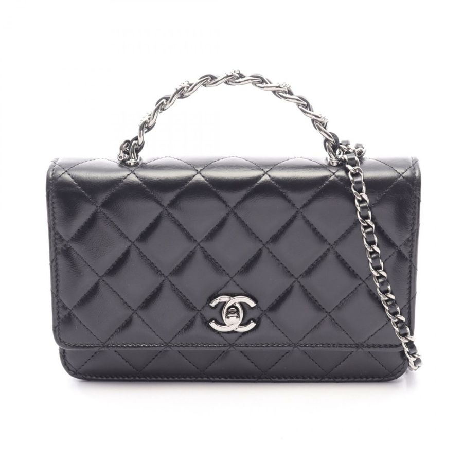 香奈兒 (CHANEL) 絎縫手柄鏈條斜挎單肩包，羊皮材質，黑色，銀色五金-0