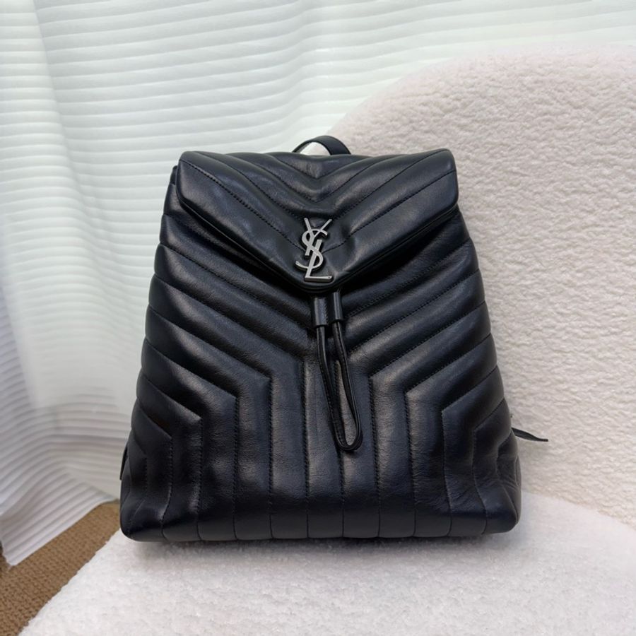 YSL 黑金牛皮山型紋LouLou 後背包-0