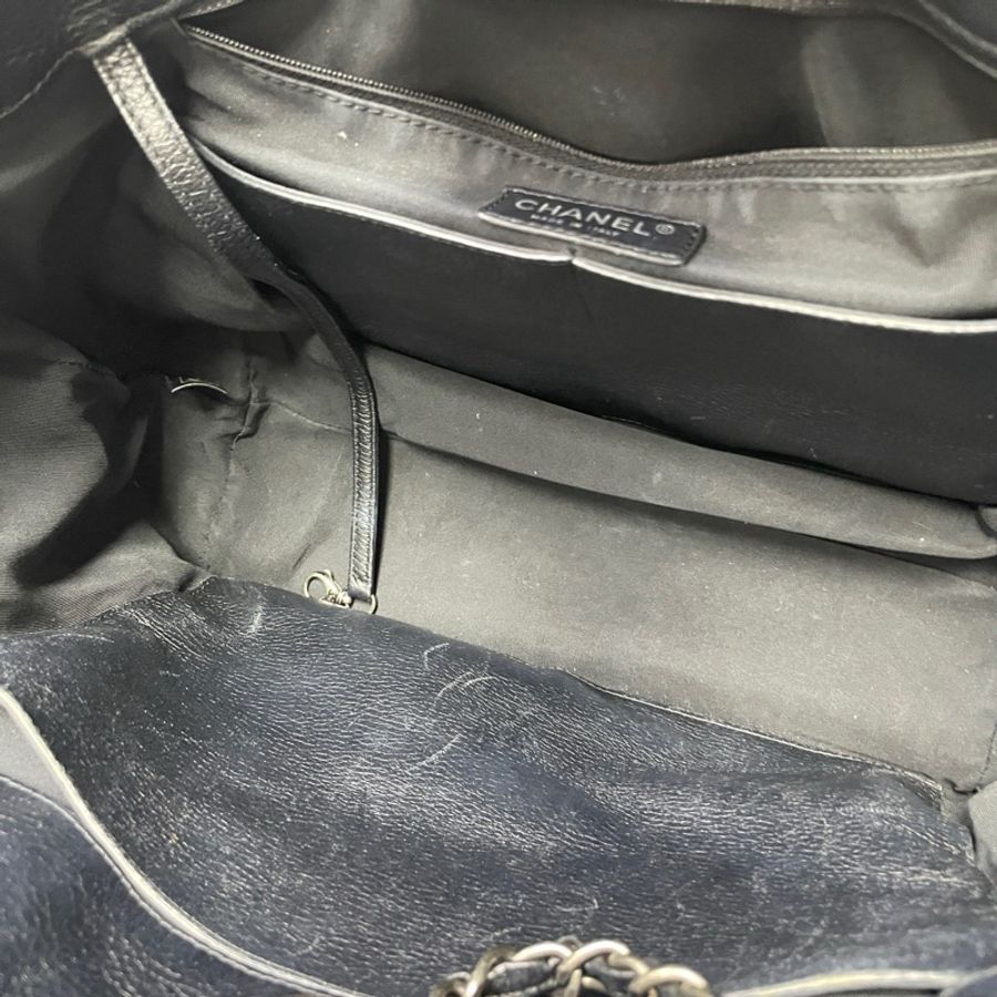 Chanel/香奈兒 26開 紋鹿皮黑銀托特包tote鏈條包浮雕logo機場包-8