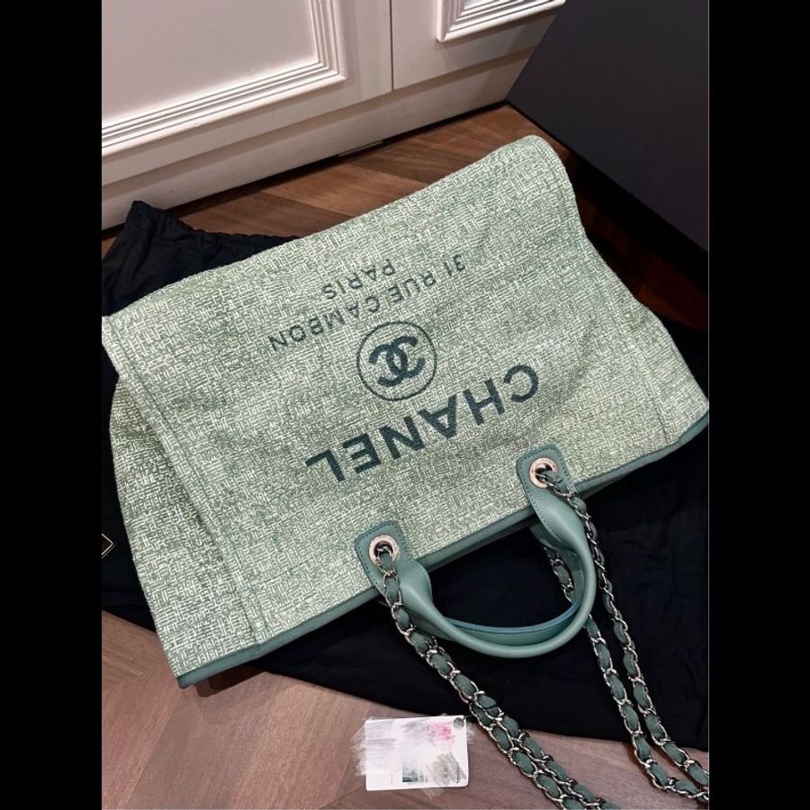 Chanel香奈兒 18C薄荷綠毛呢銀扣沙灘包-5