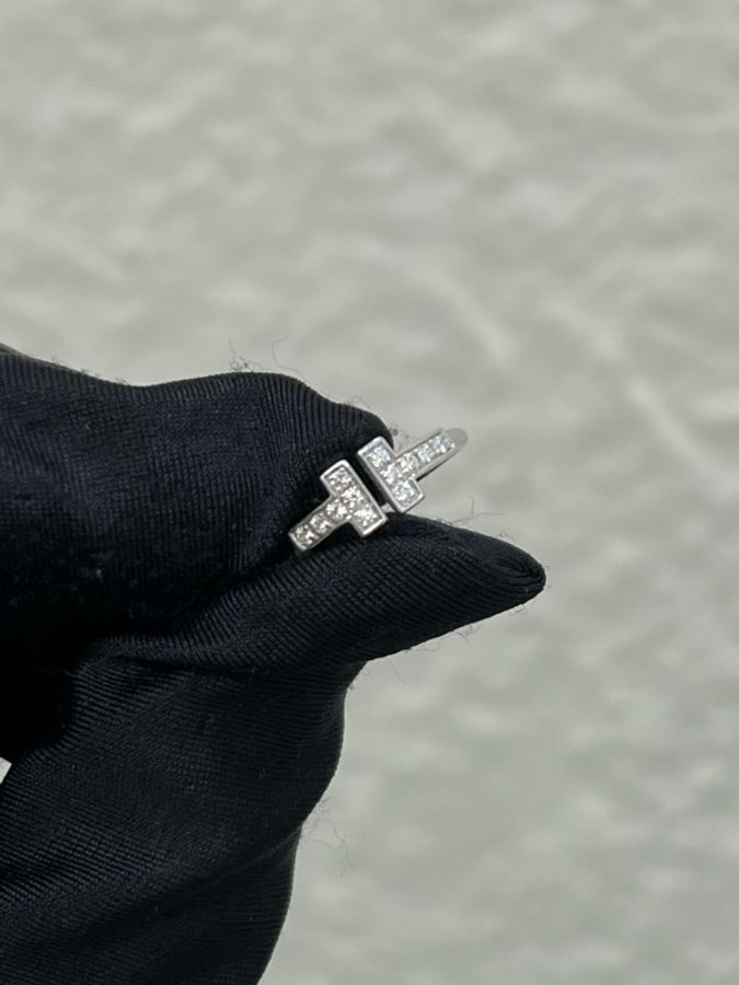 98新Tiffany & Co. 蒂芙尼18K白金雙T滿鑽戒指 經典-7
