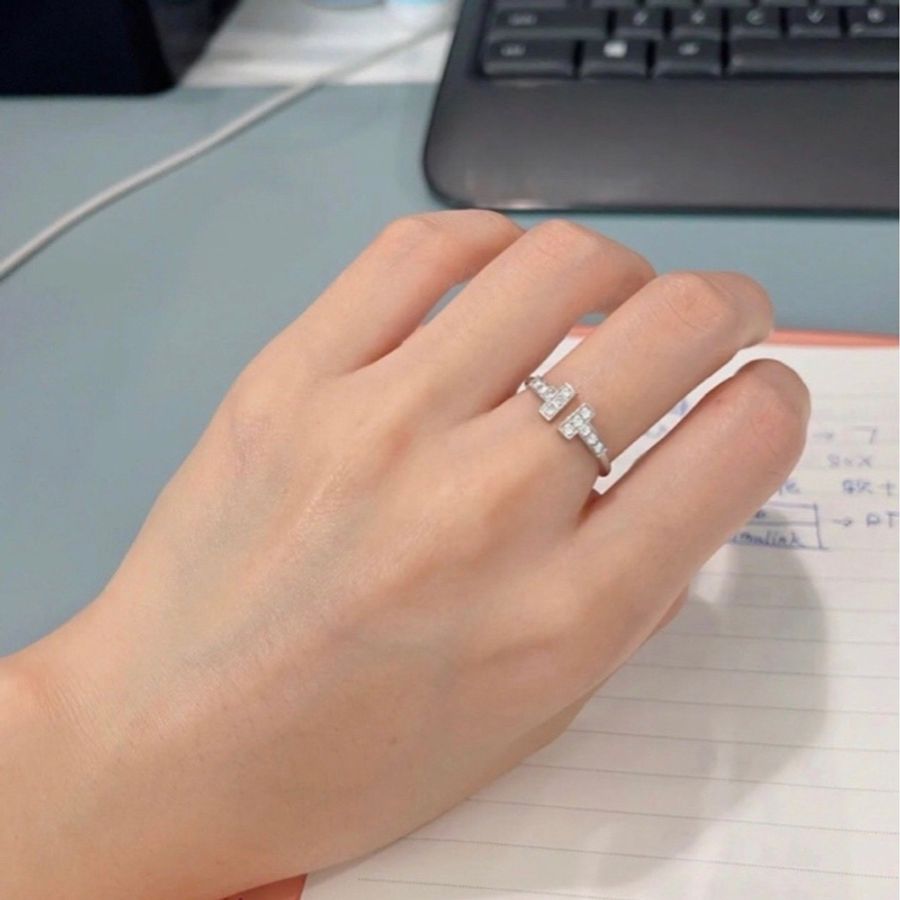 98新Tiffany & Co. 蒂芙尼18K白金雙T滿鑽戒指 經典-8