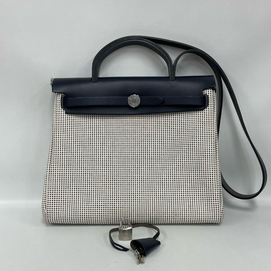 Hermès愛馬仕 Herbag 熊貓格紋拼接午夜藍包蓋銀扣-0