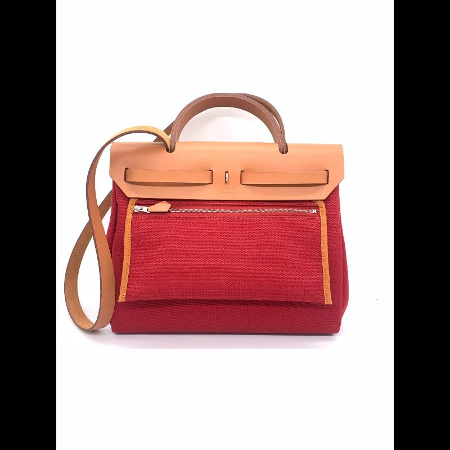 Hermès/愛馬仕  胭脂紅帆布拼棕 Herbag31 手提單肩包-1