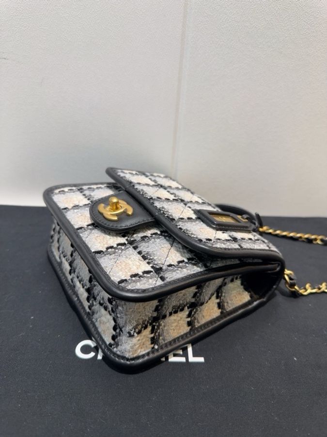 99新 CHANEL/香奈兒 22k 熊貓毛呢配色 千鳥格豆腐包-5