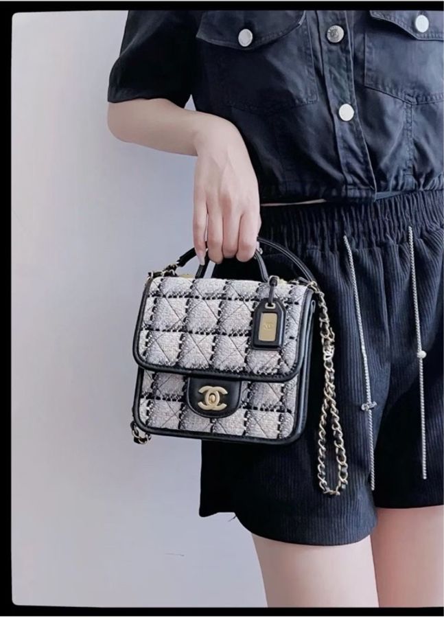 99新 CHANEL/香奈兒 22k 熊貓毛呢配色 千鳥格豆腐包-6
