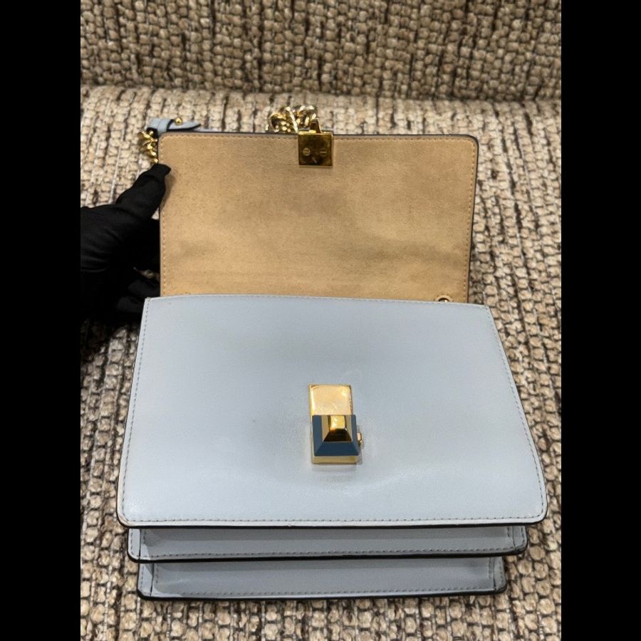 Fendi Kanl 藍灰色牛皮鉚釘斜挎包單肩包鏈條包-6