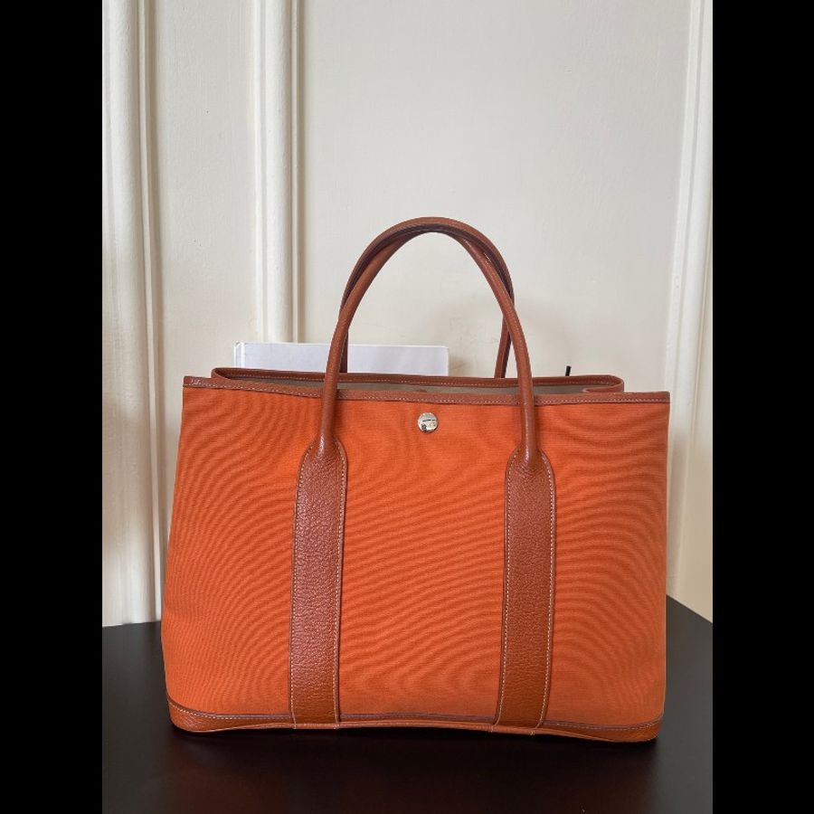 Hermes Garden Party花園36 銀扣橙色帆布拼皮 框p刻-1