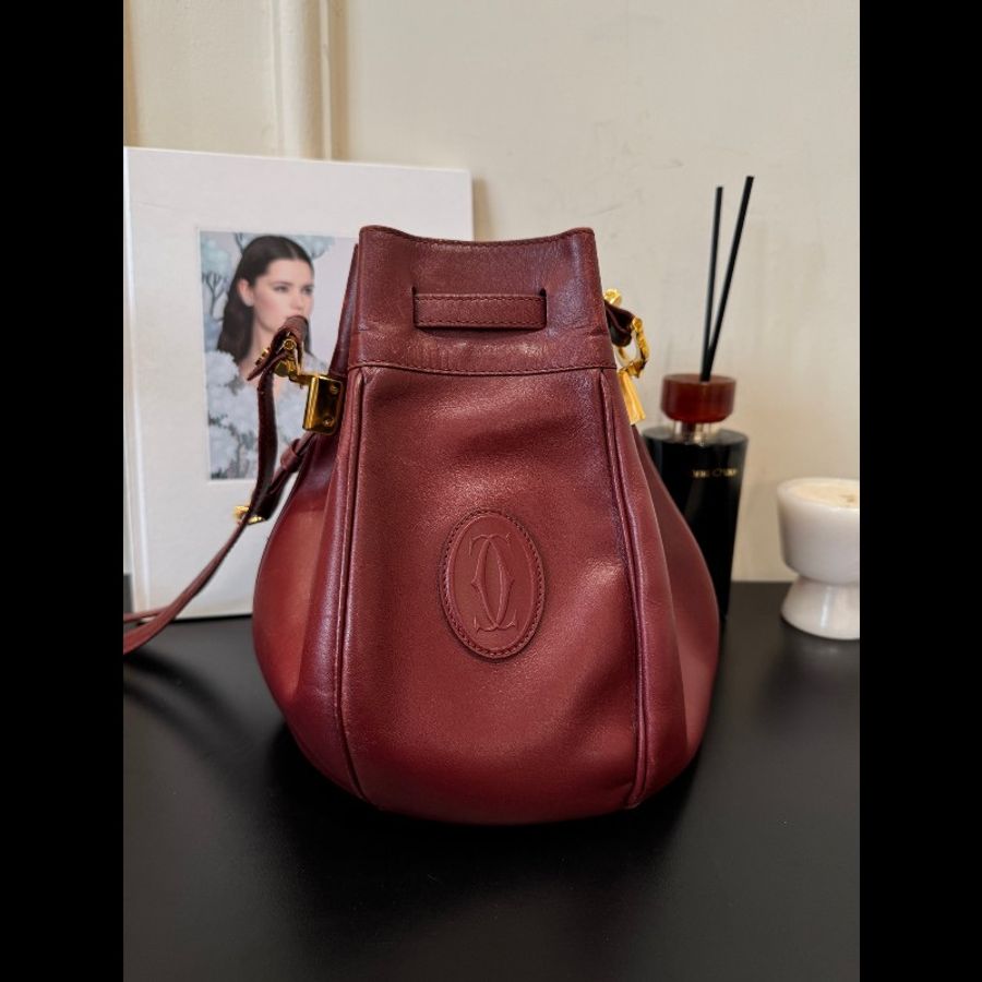 Cartier 中古水桶包波爾多紅 束口包 抽繩水桶包-1