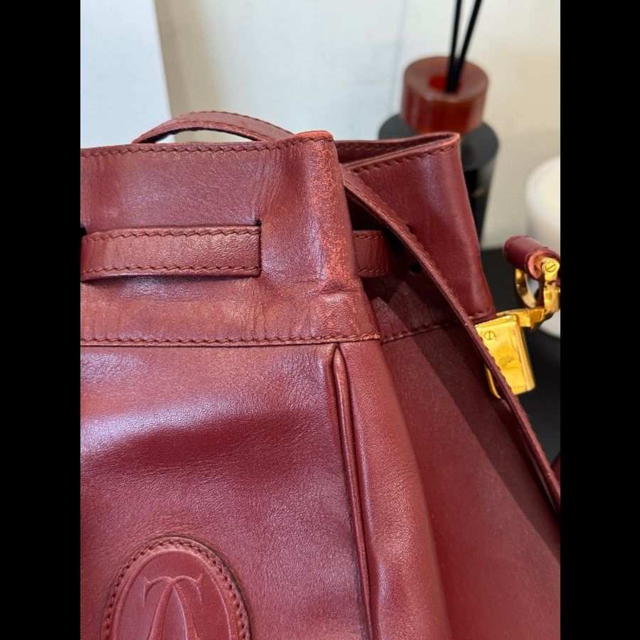 Cartier 中古水桶包波爾多紅 束口包 抽繩水桶包-6