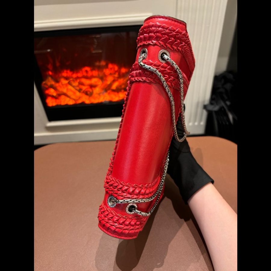 BVLGARI 紅色皺褶裙邊 蛇頭包 鏈條包 底長27cm-4