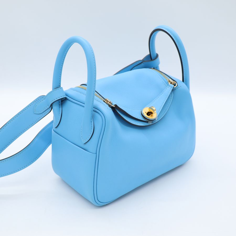 Hermès 愛馬仕 7N 糖果藍 Mini Lindy 一代 金扣 手挽 肩背 兩用袋 B 刻-2