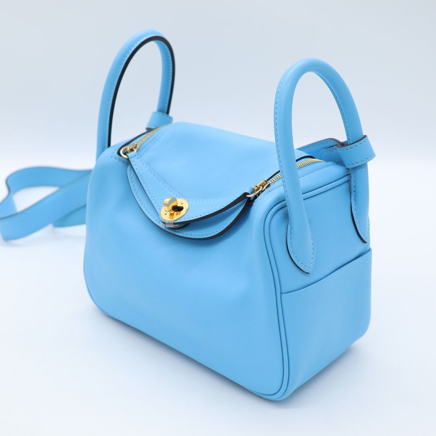 Hermès 愛馬仕 7N 糖果藍 Mini Lindy 一代 金扣 手挽 肩背 兩用袋 B 刻-3