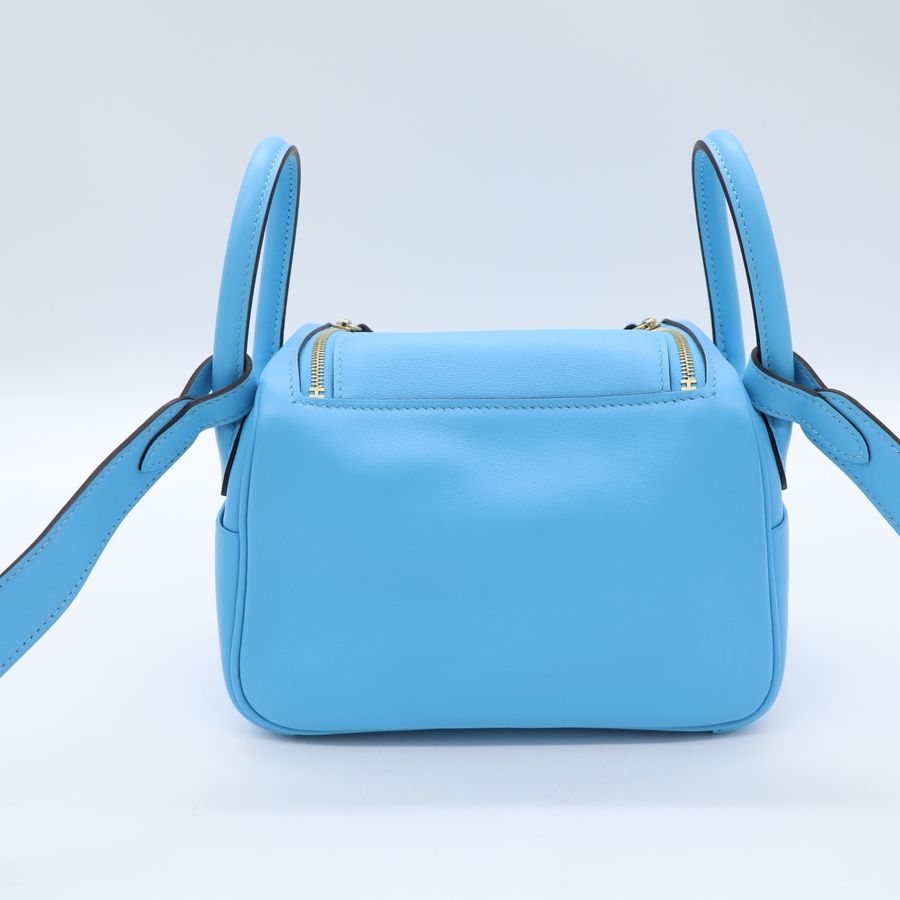 Hermès 愛馬仕 7N 糖果藍 Mini Lindy 一代 金扣 手挽 肩背 兩用袋 B 刻-4