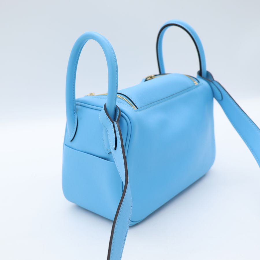 Hermès 愛馬仕 7N 糖果藍 Mini Lindy 一代 金扣 手挽 肩背 兩用袋 B 刻-5
