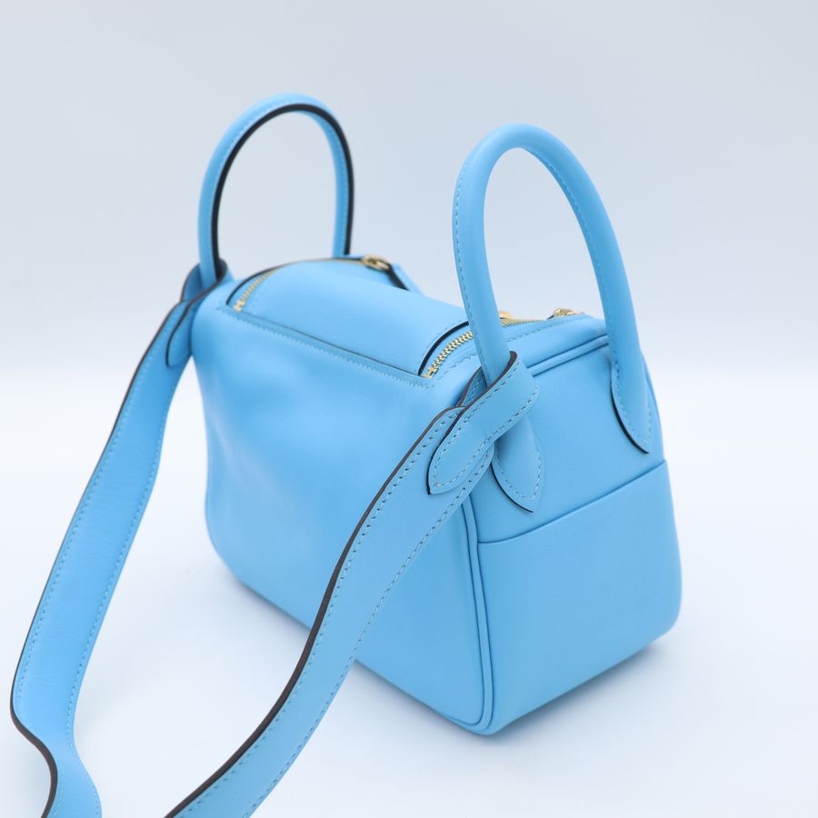 Hermès 愛馬仕 7N 糖果藍 Mini Lindy 一代 金扣 手挽 肩背 兩用袋 B 刻-6