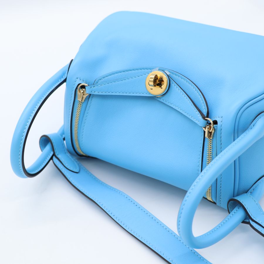 Hermès 愛馬仕 7N 糖果藍 Mini Lindy 一代 金扣 手挽 肩背 兩用袋 B 刻-8