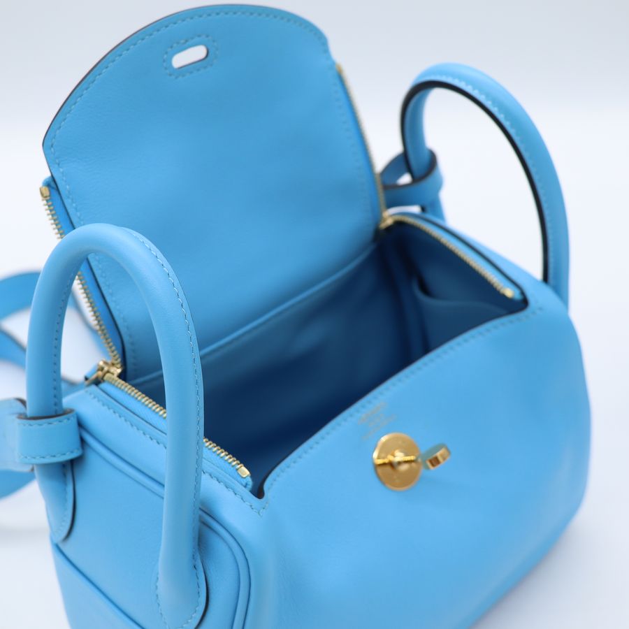 Hermès 愛馬仕 7N 糖果藍 Mini Lindy 一代 金扣 手挽 肩背 兩用袋 B 刻-13