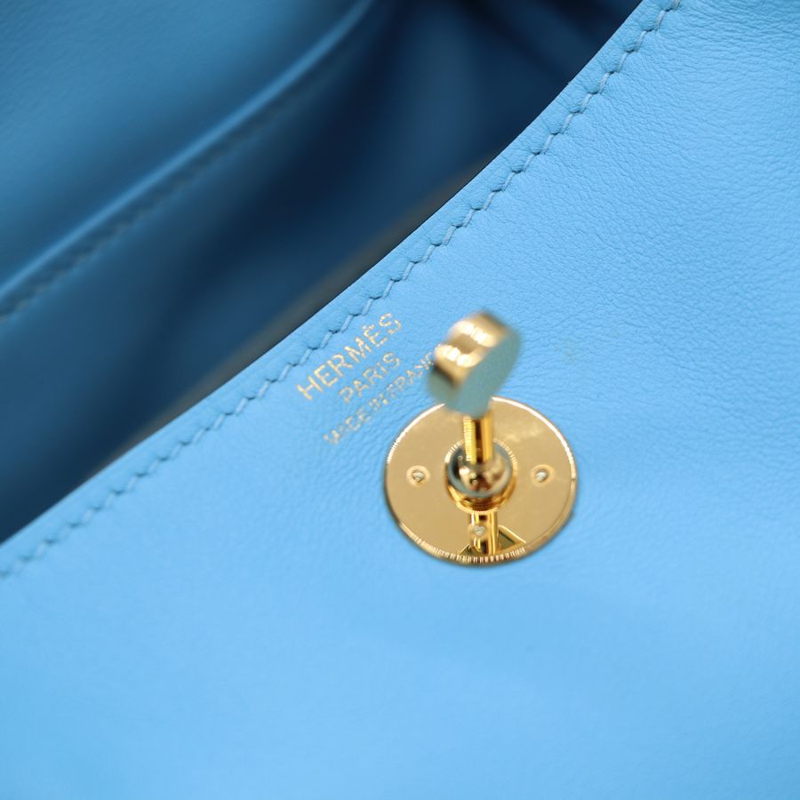 Hermès 愛馬仕 7N 糖果藍 Mini Lindy 一代 金扣 手挽 肩背 兩用袋 B 刻-16