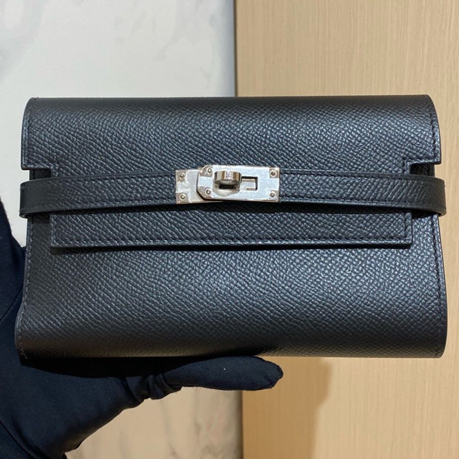 99新Hermes愛馬仕 Kelly Medium Wallet三折短款錢包黑色銀扣 Y刻 尺寸:15.5 x 10.5 x 1.5-0