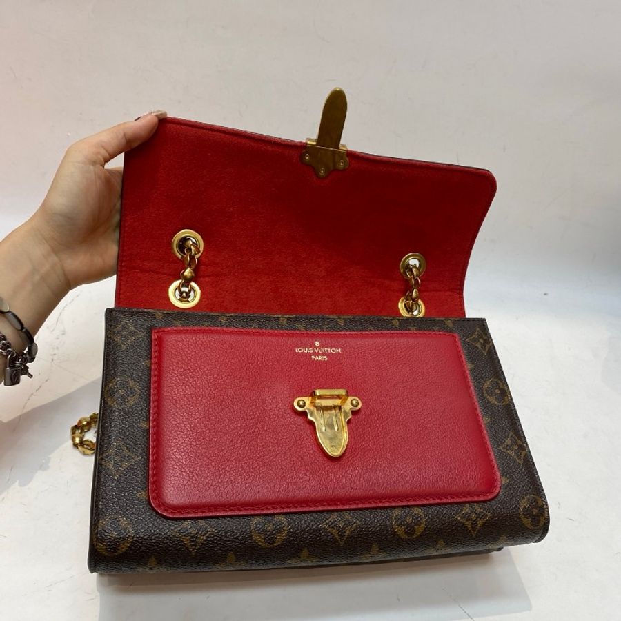 LV路易威登Victoire维多利亚老花拼红色单肩斜挎滑动式链条包26*18*9cm-17