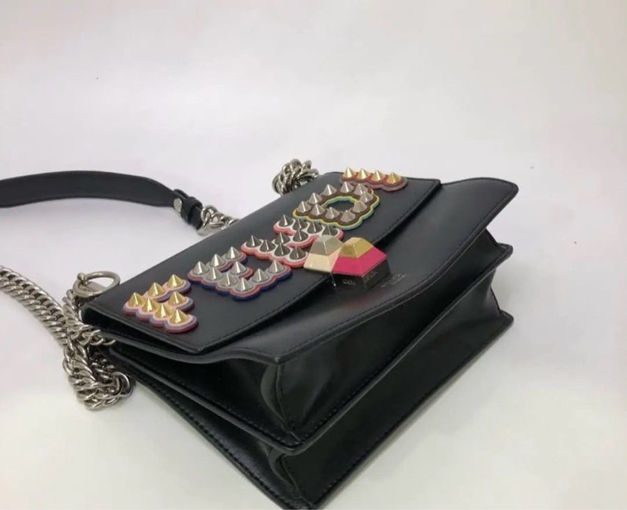 【威選精品】🖤 FENDI 黑色牛皮鉚釘 Logo 鏈條包-8