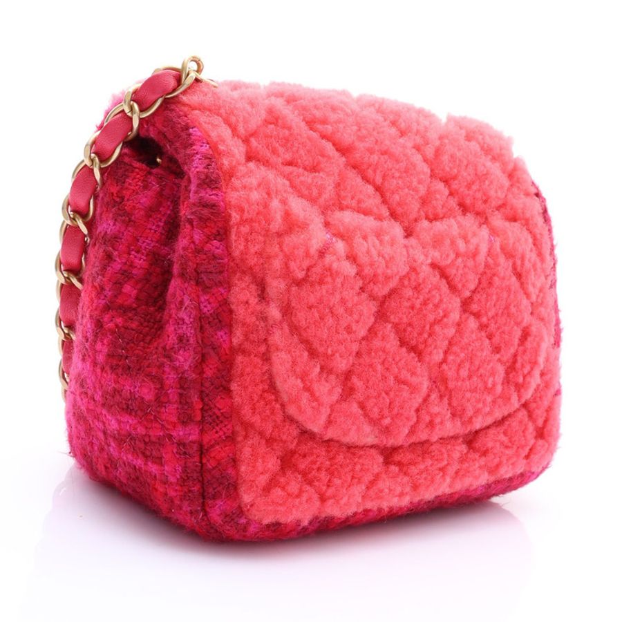 桃紅色 羊毛絨 Mini Square Flap 肩背包 (無卡) 金扣【CHANEL 香奈兒】 AS1934-1