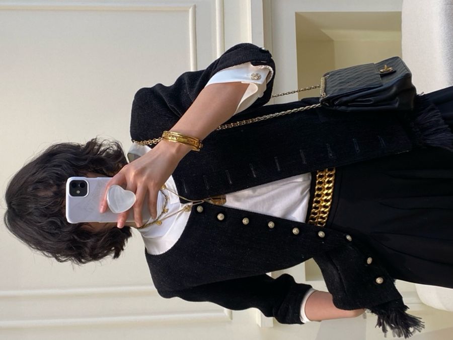 Chanel 20A高级手工坊系列秀款周迅同款丝绒真丝领口黑色鸵鸟毛流苏滚边上衣外套可拆卸-15