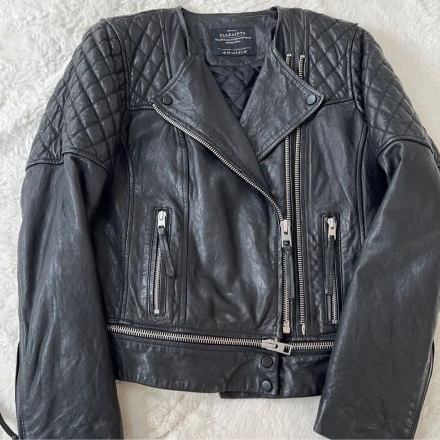【專櫃正品】AllSaints CONROY 經典菱 格紋羊皮騎士皮衣外套 UK12/US8/EU40 勁黑/極新-0