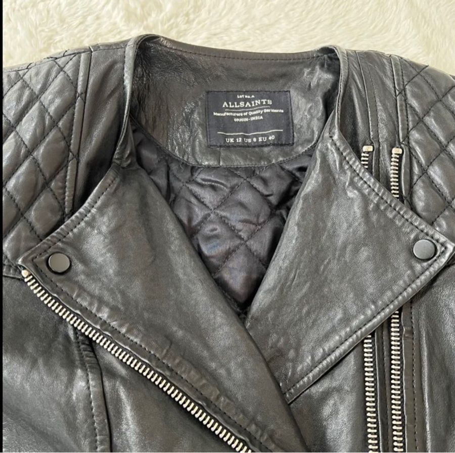 【專櫃正品】AllSaints CONROY 經典菱 格紋羊皮騎士皮衣外套 UK12/US8/EU40 勁黑/極新-1
