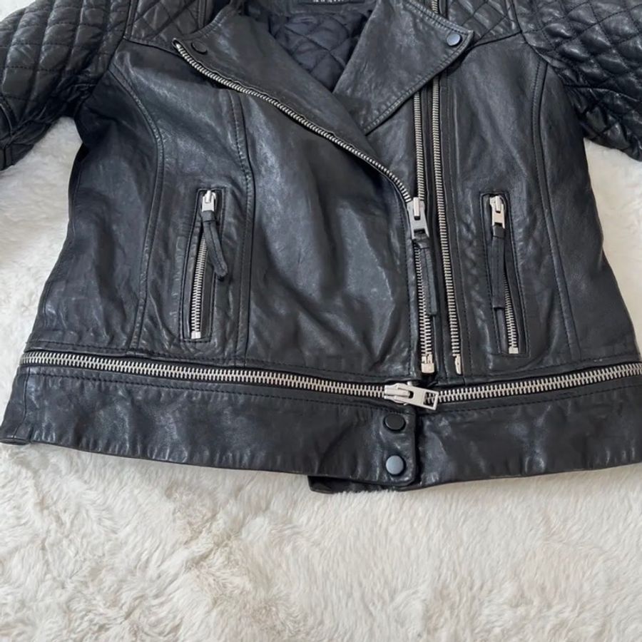 【專櫃正品】AllSaints CONROY 經典菱 格紋羊皮騎士皮衣外套 UK12/US8/EU40 勁黑/極新-2