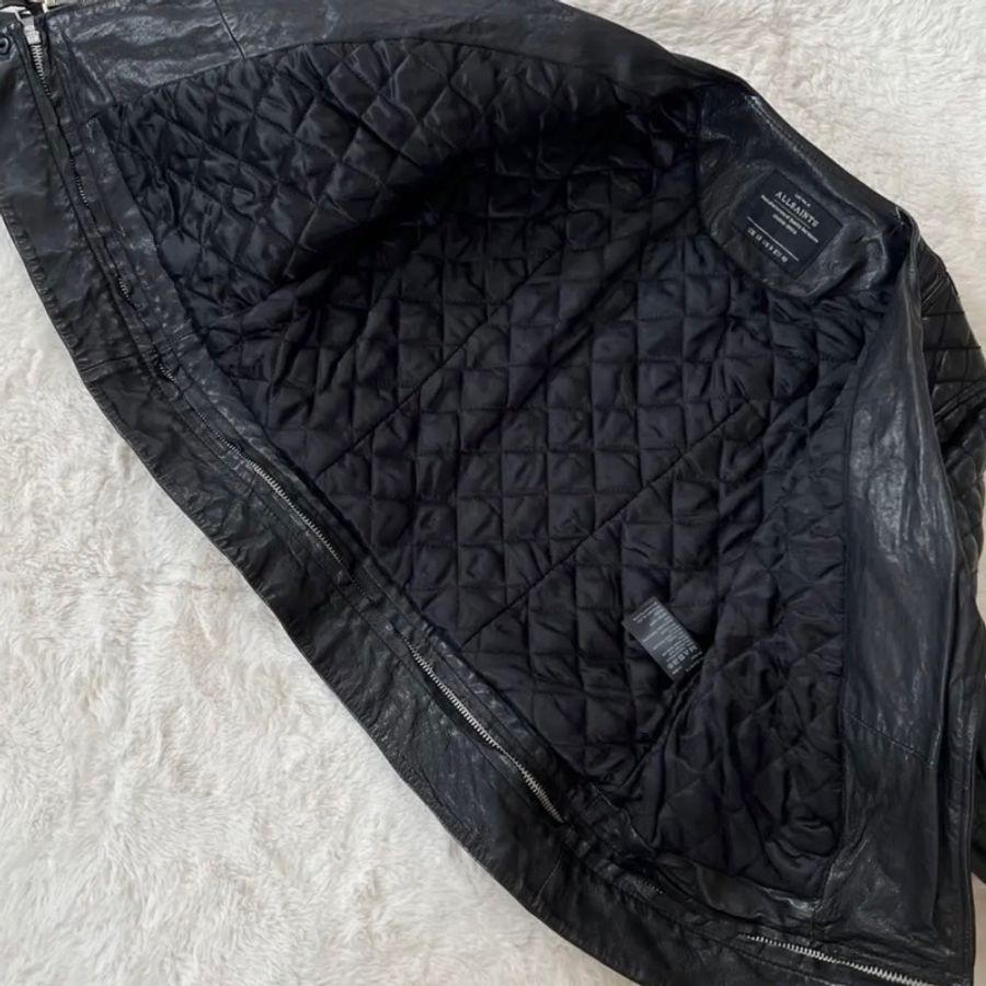 【專櫃正品】AllSaints CONROY 經典菱 格紋羊皮騎士皮衣外套 UK12/US8/EU40 勁黑/極新-3
