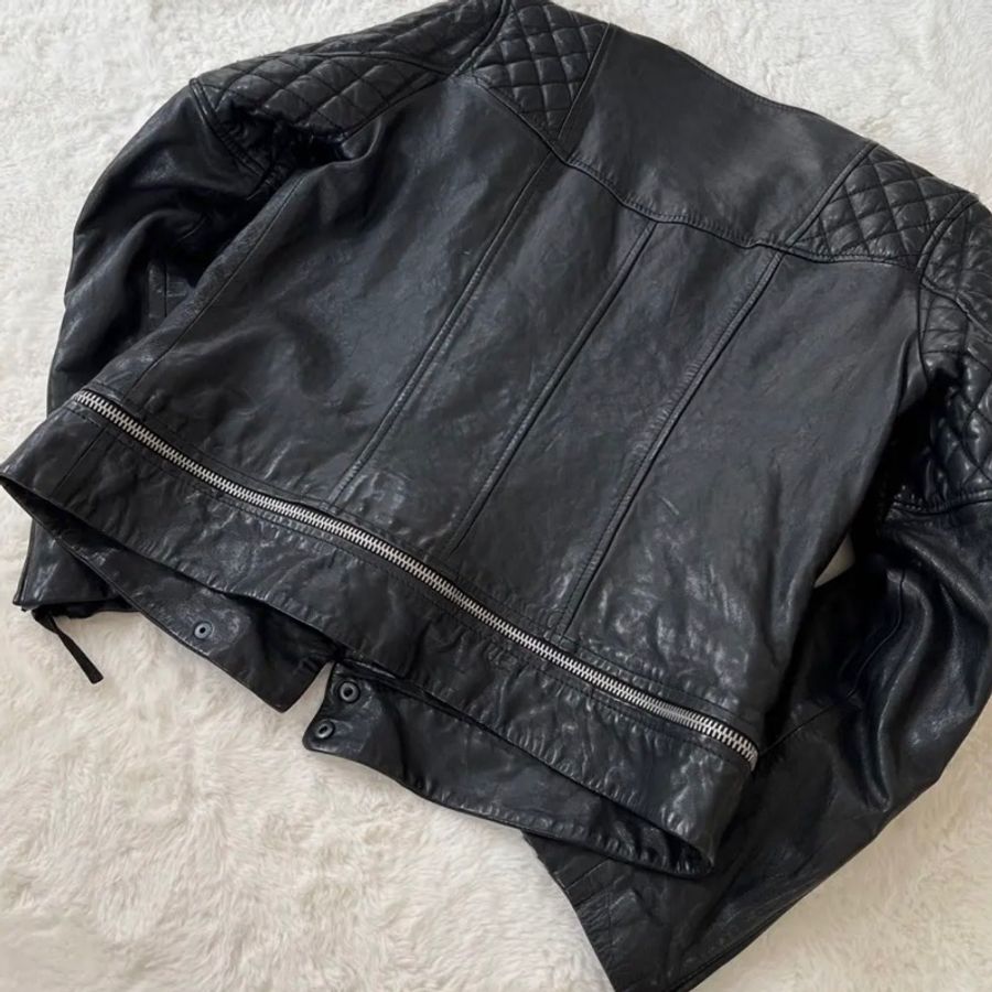 【專櫃正品】AllSaints CONROY 經典菱 格紋羊皮騎士皮衣外套 UK12/US8/EU40 勁黑/極新-7