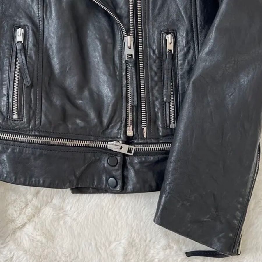 【專櫃正品】AllSaints CONROY 經典菱 格紋羊皮騎士皮衣外套 UK12/US8/EU40 勁黑/極新-10