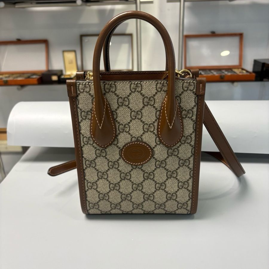 Gucci古馳 Retro 經典GG老花滿印 帆布拼皮革 mini托特包琴譜包 尺寸:16*20*7 附件:肩帶-0