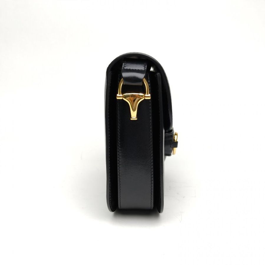 GUCCI Horsebit馬銜扣1955系列黑色牛皮金扣肩背包-3