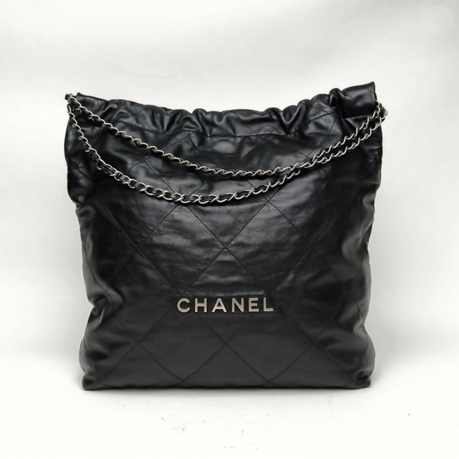 CHANEL 22BagTote托特包大號黑色牛皮晶片銀扣肩背包-0