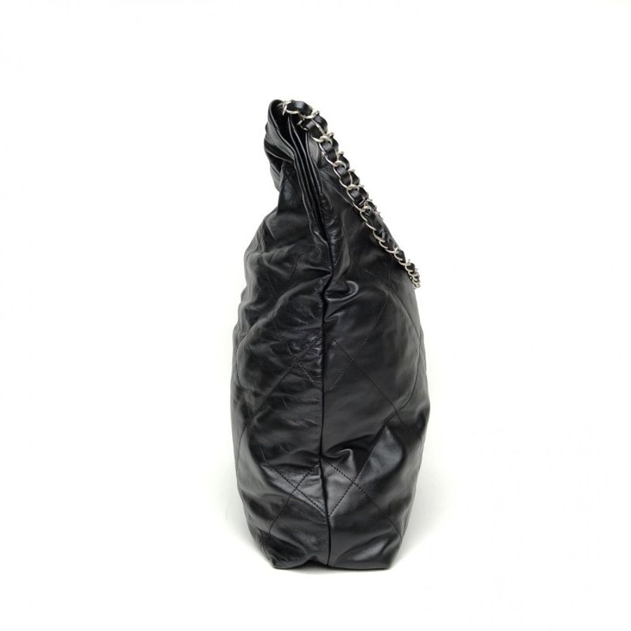 CHANEL 22BagTote托特包大號黑色牛皮晶片銀扣肩背包-3