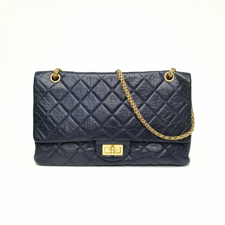 CHANEL 2.55口蓋包MAXI藍色牛皮14開金扣肩背包-0